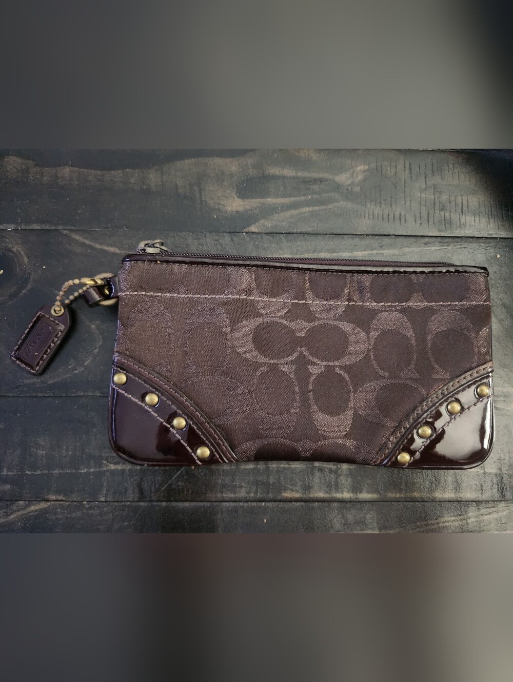 Coach Black Signature Canvas Wristlet with Stud Accents